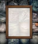 Wooden Picture Frame On Collage Jeans Stock Photo