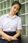 Portrait Of Thai High School Student Uniform Teen Beautiful Girl Happy And Relax, Stock Photo