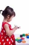 Asian Girl Painting Her Palms Using Drawing Instruments, Creativ Stock Photo