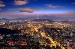 View Of Downtown Cityscape And Seoul Tower In Seoul, South Korea Stock Photo