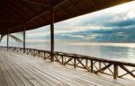 Wood Terrace In Wooden Pavillion Against Peaceful Of Heaven Sea Stock Photo