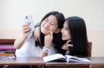 Two Asia Thai Teen Best Friends Girls Make Picture Selfie Pic Stock Photo