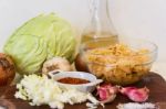 Handmade Preparation Of Sauerkraut And Cabbage Kimchi Stock Photo