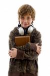 Student With Books And Headset Stock Photo