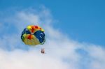 Two People Paragliding Off A Beach In Gran Canaria Stock Photo