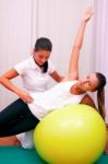 Exercises Control Basin Trunk With Bobath Ball Fitball Stabiliza Stock Photo