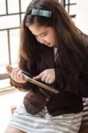 Young Business Girl Using Tablet Computer Stock Photo