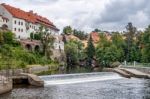 View Of The Weir In Cesky Krumlov In The Czech Republic Stock Photo