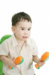 Boy With Maracas, Isolated On White Stock Photo