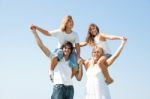 Kids Ride On Parents Shoulder Stock Photo