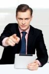 Tech Savvy Corporate Man Pointing At You Stock Photo