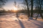 Winter Sunrise. Winter River. Cold Winter Morning Stock Photo