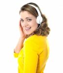 Laughing Lady Listening Music Stock Photo