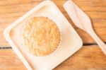 Homemade Banana Cupcake On Wooden Plate Stock Photo