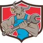 Mechanic Minotaur Bull Spanner Shield Cartoon Stock Photo