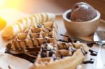 Belgian Waffles With Fruit And Chocolate, Forest Fruit, All Home Stock Photo