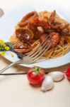 Italian Seafood Spaghetti Pasta On Red Tomato Sauce Stock Photo