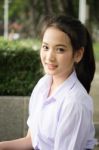 Portrait Of Thai High School Student Uniform Teen Beautiful Girl Happy And Relax, Stock Photo