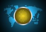 Cryptocurrency Bitcoin On World Map Stock Photo