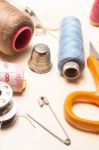 Tailor, Tailoring Table And Utensils Stock Photo