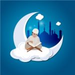 Illustration Of A Little Muslim Boy Reading The Quran On The Moon Stock Photo