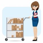 Cartoon Girl Librarian With Book Trolley Stock Photo