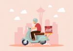 Delivery Boy Ride Scooter In Big City Stock Photo