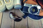 Travelling Set With Wood Background In Vintage Look Stock Photo