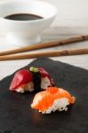 Salmon Nigiri With Salmon Roe Stock Photo