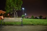 Night Public Park In The City With Houses Near Stock Photo