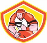 Rugby Player Holding Ball Shield Cartoon Stock Photo