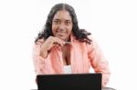 Young Black Woman With Laptop Stock Photo