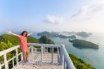 Woman Tourist On Peak Viewpoint Of Island Stock Photo