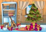 Cartoon  Illustration Interior Christmas Room With Separated Layers Stock Photo