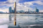 Ice Of Han River And Cityscape In Winter,sunset In Seoul, South Korea Stock Photo