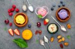 Flat Lay Ice Cream With Various Fruits Raspberry ,blueberry ,str Stock Photo