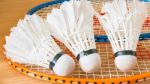 Close Up White Shuttlecock On Wooden Background Stock Photo