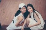 Two Asia Thai High School Student Best Friends Beautiful Girl Smile And Funny Stock Photo