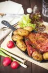 Bacon Rib And Potatoes. Farmhouse Style Meal Stock Photo