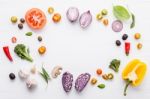 Various Fresh Vegetables And Herbs On White Background.ingredien Stock Photo