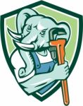 Elephant Plumber Mascot Monkey Wrench Shield Retro Stock Photo