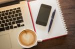 Coffee Latte On Work Table Stock Photo