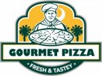 Gourmet Pizza Chef Palmetto Trees Shield Retro Stock Photo