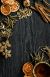 Dried Herbs And Ginseng, Top View Of Thai Herbs And Ginseng On Wooden Floor Stock Photo