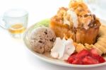 Honey Toast And Whipping Cream With Ice Cream On White Stock Photo