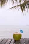 Coconut Water Drink Served In Coconut With Drinking Straw On The Stock Photo