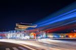 Hwaseong Fortress And Car Light In Suwon,korea Stock Photo