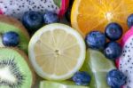 Medley Of Different Edible Fruits Ready To Eat Stock Photo