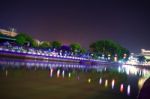 The Landscape From The Riverbank At Night. Stunning Light Composition Stock Photo