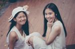 Two Asia Thai High School Student Best Friends Beautiful Girl Smile And Funny Stock Photo